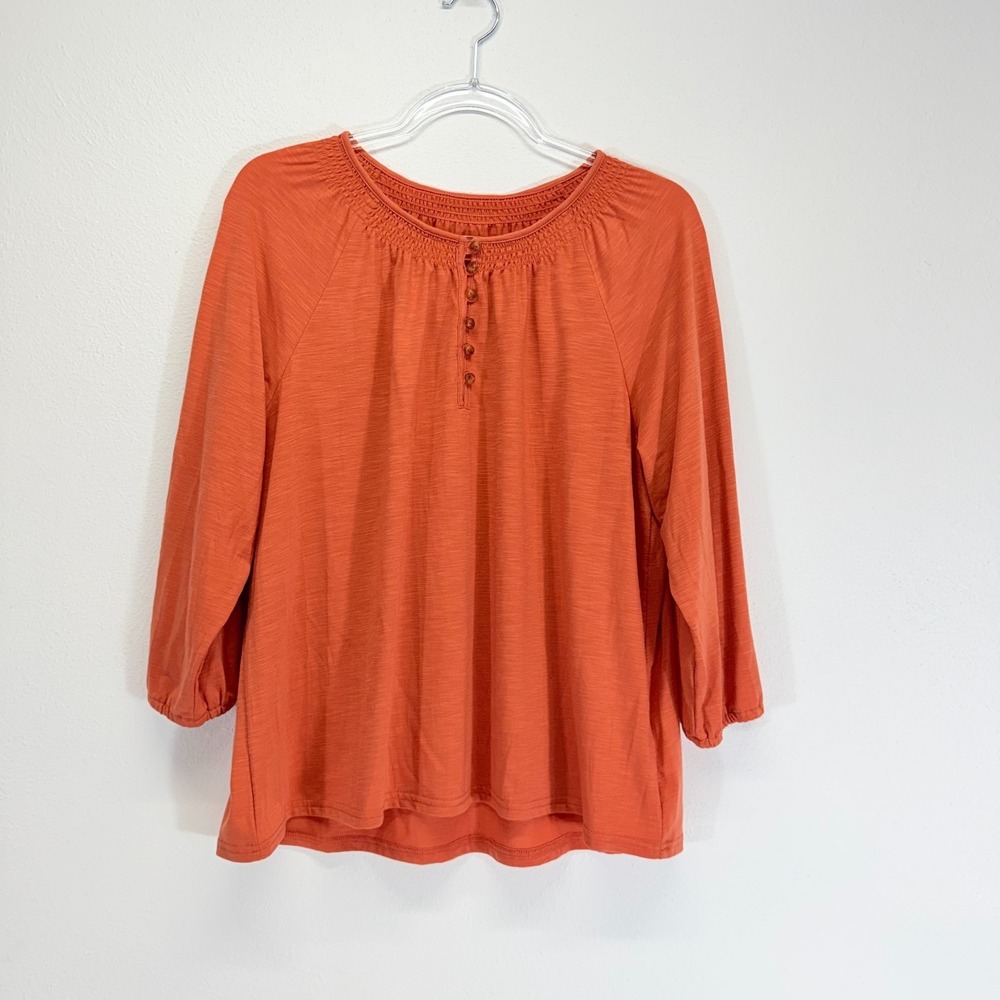 L.L.Bean Camden Hills Smocked Henleyโ Tee Orange 3/4 Sleeve Blouse Top L Petite